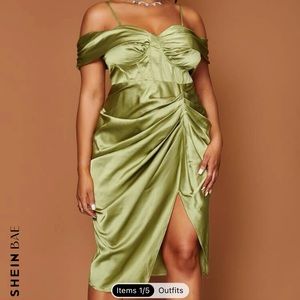 Shein Bae Plus Cold Shoulder Ruched Split Hem Bustier Satin Dress